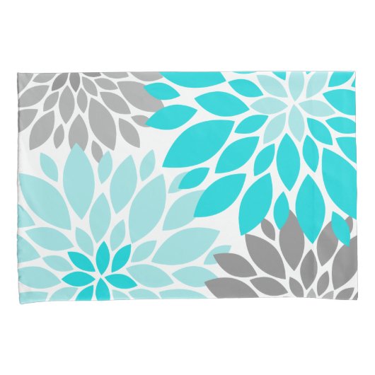 Turquoise en Gray Chrysanthemums Floral Pattern Kussensloop (Voorkant-Rechts)