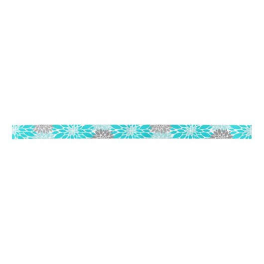 Turquoise en Gray Chrysanthemums Floral Pattern Satijnen Lint (Voorkant)