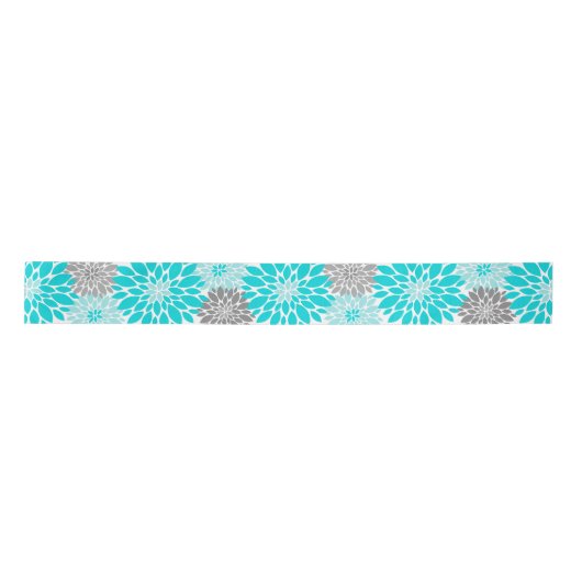 Turquoise en Gray Chrysanthemums Floral Pattern Satijnen Lint (Voorkant)