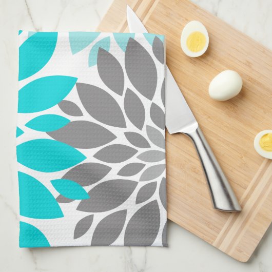 Turquoise en Gray Chrysanthemums Floral Pattern Theedoek (Quarter Fold)