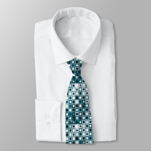 Turquoise en Grijs Geometrisch Vierkant Patroon Stropdas (Gebonden)