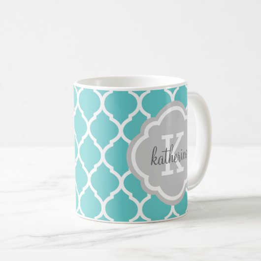Turquoise en Grijs Marokkaans Quatrefoil Monogram Koffiemok (Voorkant rechts)