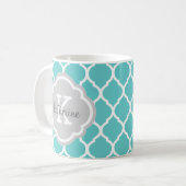 Turquoise en Grijs Marokkaans Quatrefoil Monogram Koffiemok (Voorkant links)