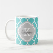 Turquoise en Grijs Marokkaans Quatrefoil Monogram Koffiemok (Links)