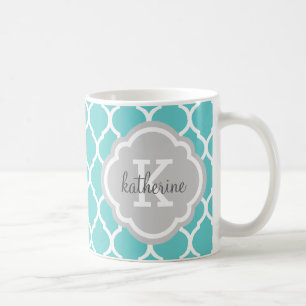 Turquoise en Grijs Marokkaans Quatrefoil Monogram Koffiemok