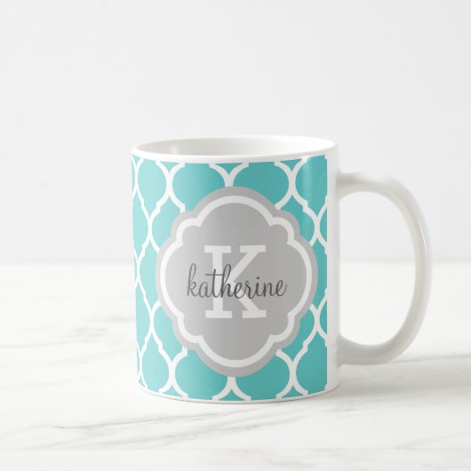 Turquoise en Grijs Marokkaans Quatrefoil Monogram Koffiemok (Rechts)