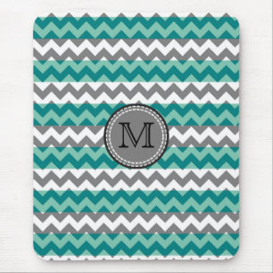 Turquoise en grijze chevron zigzag monogram muismat