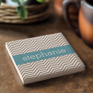 Turquoise en Grijze Chevrons Aangepaste naam Stenen Onderzetter
