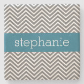 Turquoise en Grijze Chevrons Aangepaste naam Stenen Onderzetter (Voorkant)