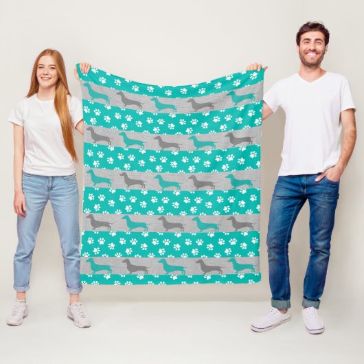 Turquoise en grijze Dachshund fleece deken (In situ)