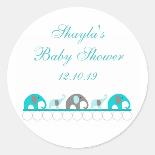 Turquoise en Grijze Olifant Baby shower Favor Ronde Sticker (Voorkant)