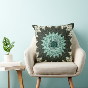 Turquoise en groen geometrisch mandalapatroon kussen