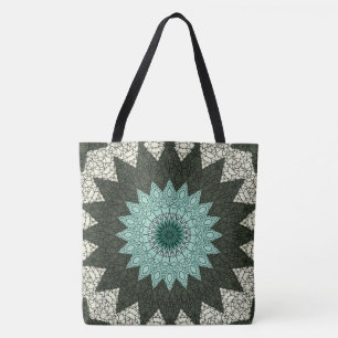 Turquoise en groen geometrisch mandalapatroon tote bag