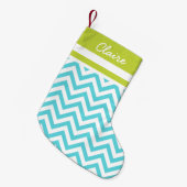 Turquoise en Groene Chevron Monogram Kleine Kerstsok (Voorkant (Hangend))
