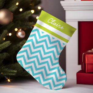 Turquoise en Groene Chevron Monogram Kleine Kerstsok
