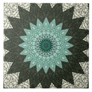 Turquoise en Groene Geometrische Mandala Patroon Tegeltje