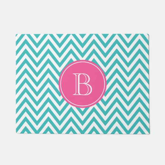 Turquoise en Hot Pink Chevron Custom Monogram Deurmat (Voorkant)