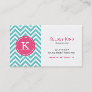 Turquoise en Hot Pink Chevron Custom Monogram Visitekaartje