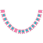 Turquoise en hot roze strepen Happy Birthday Vlaggetjes (Alle)