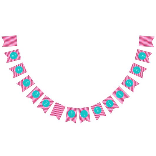 Turquoise en hot roze strepen Happy Birthday Vlaggetjes (Alle)