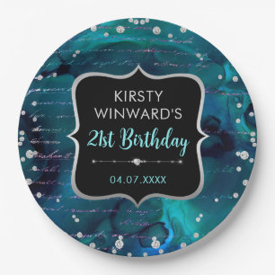 Turquoise en iriserende glitter letters verjaardag papieren bordje
