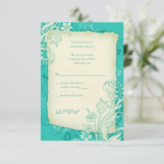Turquoise en Ivoren Bloemen Trouwantwoord Kaart (Staand voorkant)
