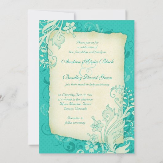 Turquoise en Ivory Floral Wedding Invitation Kaart (Voorkant)