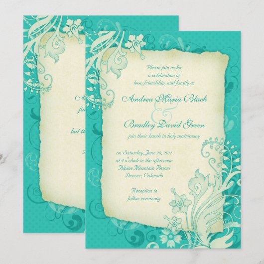 Turquoise en Ivory Floral Wedding Invitation Kaart (Voorkant / Achterkant)
