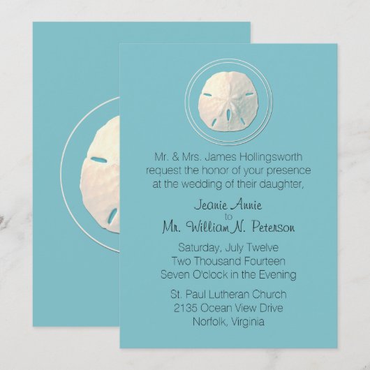 Turquoise en Ivory Sand Dollar Wedding Invitation Kaart (Voorkant / Achterkant)