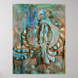 Turquoise en koperen octopus Abstracte kunstprint Poster