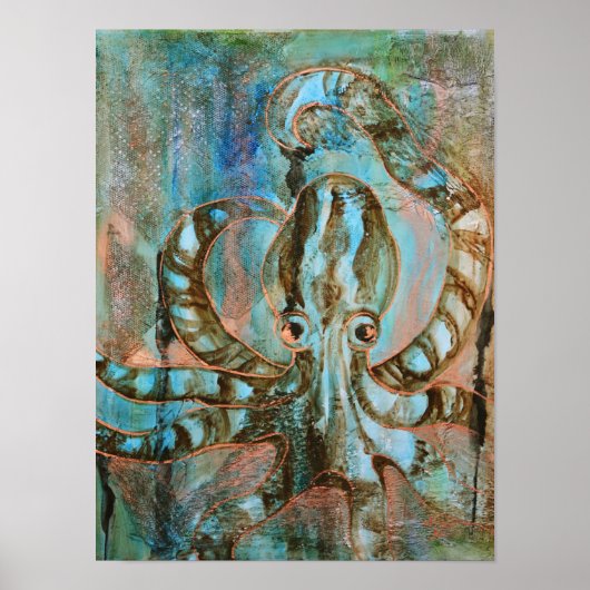 Turquoise en koperen octopus Abstracte kunstprint Poster (Voorkant)