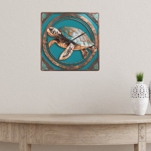 Turquoise en koperen omrande zeeschildpad wandklok