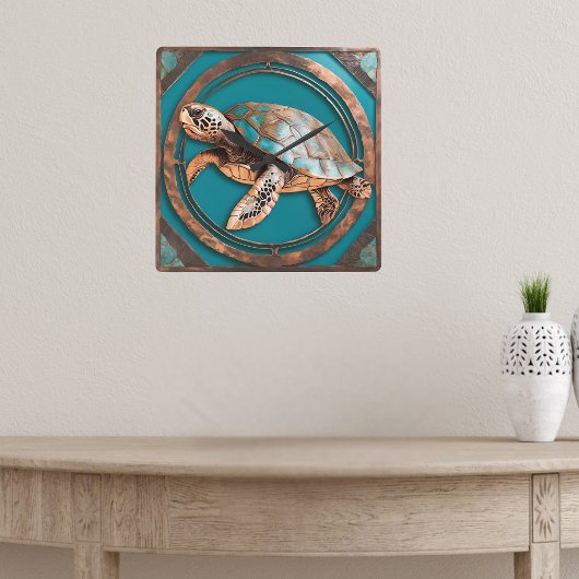 Turquoise en koperen omrande zeeschildpad wandklok