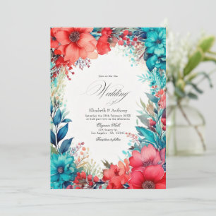 Turquoise en Koraal Aquarel Bloem Bruiloft Kaart