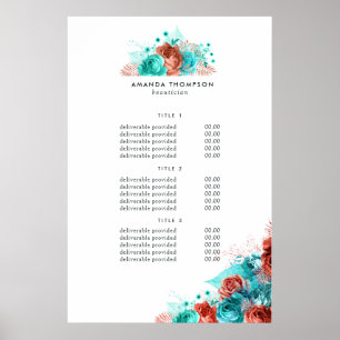 Turquoise en koraal bloem prijs- en servicebord poster