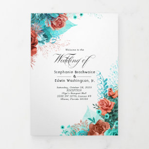 Turquoise en Koraal Bloemen Huwelijksprogramma Drieluik Uitnodiging