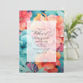 Turquoise en koraal bloemenbruiloft kaart (Staand voorkant)