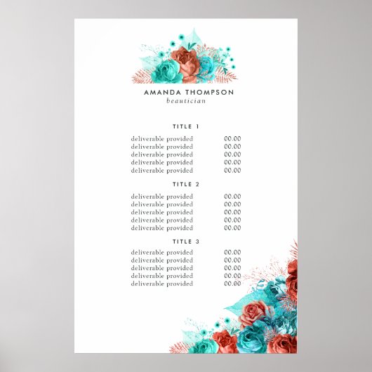 Turquoise en koraal bloemrijke prijzen & services poster (Voorkant)
