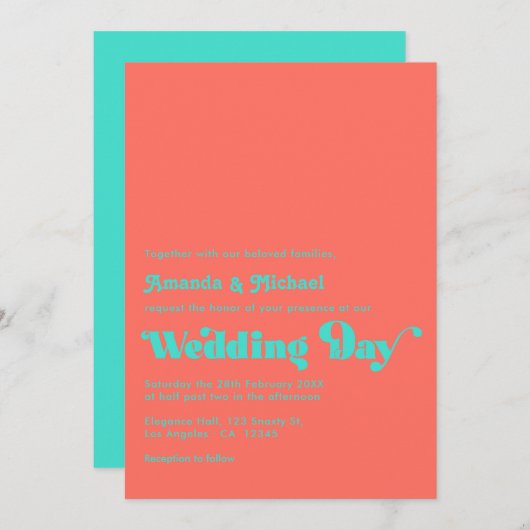 Turquoise en koraal bruiloft kaart (Voorkant / Achterkant)