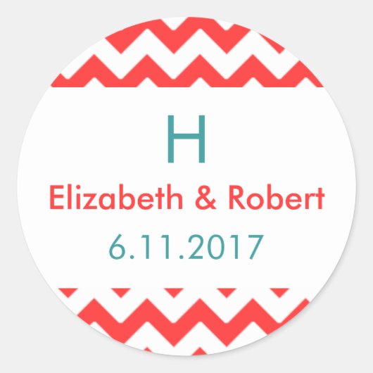 Turquoise en koraal Chevron bruiloft Ronde Sticker (Voorkant)