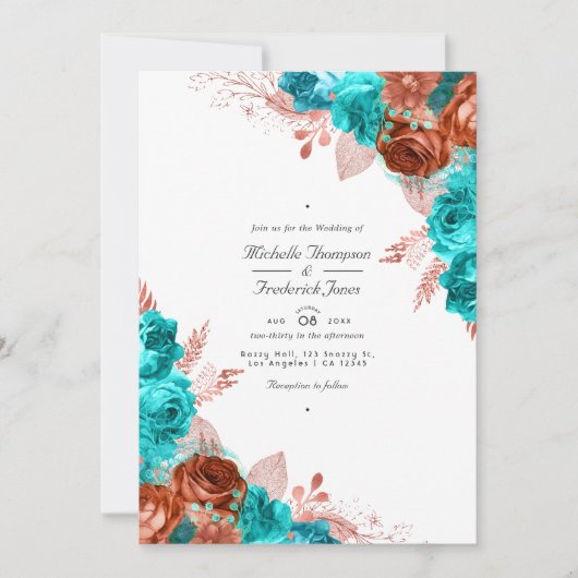  Turquoise en koraal Floral QR Code Wedding Kaart (Voorkant)