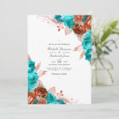  Turquoise en koraal Floral QR Code Wedding Kaart (Staand voorkant)