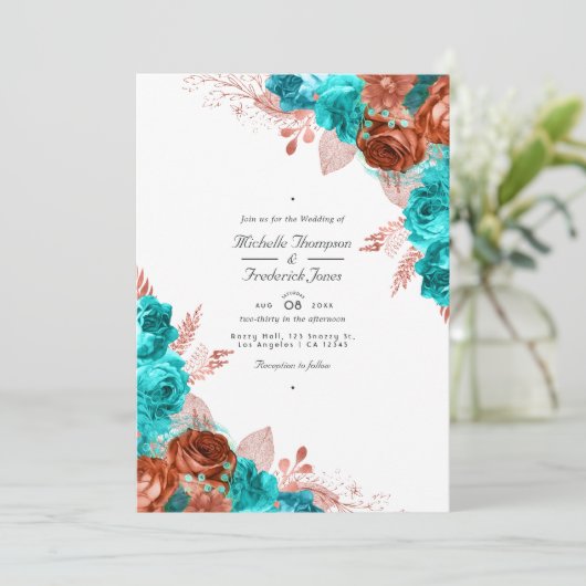  Turquoise en koraal Floral QR Code Wedding Kaart (Staand voorkant)