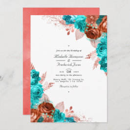  Turquoise en koraal Floral QR Code Wedding Kaart