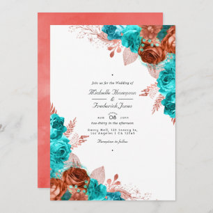 Turquoise en koraal Floral QR Code Wedding Kaart