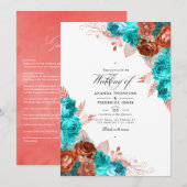  Turquoise en koraal Floral Wedding Kaart (Voorkant / Achterkant)