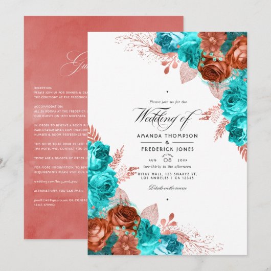  Turquoise en koraal Floral Wedding Kaart (Voorkant / Achterkant)