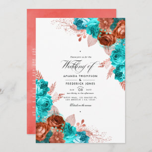  Turquoise en koraal Floral Wedding Kaart