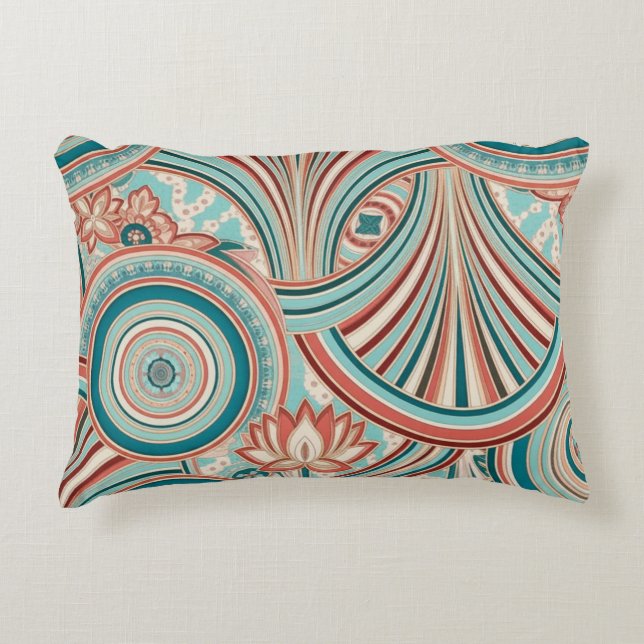 Turquoise en Koraal Nouveau Flow Accent Kussen (Voorkant)