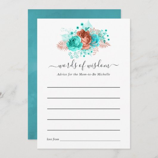 Turquoise en koraal rustiek bloemig Baby shower Advieskaart (Voorkant / Achterkant)